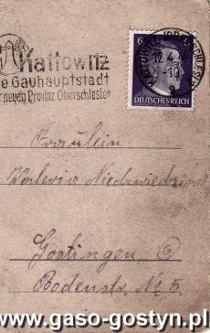 1466.Kartka pocztowa z okresu II wojny swiatowej wyslana z Katowic do Gostynia 12 kwietnia 1944 roku