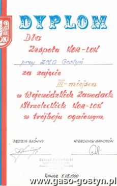 1469.Dyplom dla zespolu KOR-LOK przy ZGM w Gostyniu (1990 r.)