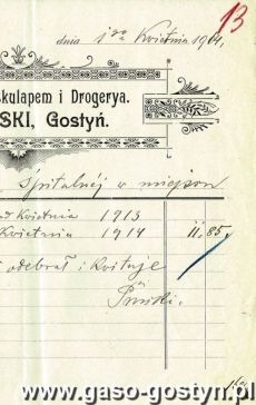 1472.Rachunek wystawiony w Gostyniu w 1914 roku w Aptece pod Eskulapem i Drogerya Boleslawa Pruskiego