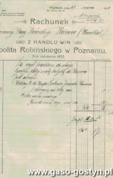 1488.Rachunek dla Kasy Koscielnej w Kunowie za zakup i dostawe wina hiszpanskiego wystawiony w Poznaniu przez firme Hipolita Robinskiego Handel Win (31 marca 1910 r.)