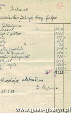 1492.Rachunek dla kosciola parafialnego w Starym Gostyniu przez Szpital Siostr Milosierdzia w Gostyniu (25 czerwca 1946 r.)