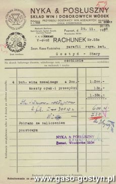 1497.Rachunek wystawiony w Skladzie Win i Doborowych Wodek Nyka&Posluszny (Przysiegli Dostawcy Win Mszalnych) w Poznaniu dla Kasy Koscielnej w Starym Gostyniu za wino mszalne (29 listopada 1946 r.)