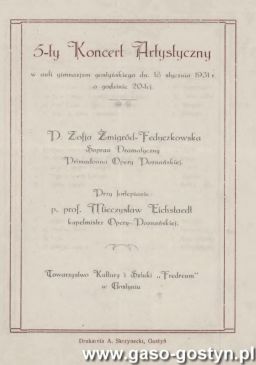 1574.Zaproszenie na koncert zorganizowany przez Towarzystwo Kultury i Sztuki Fredreum w Gostyniu (18 stycznia 1931 r.)