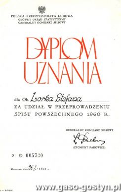 1576.Dyplom uznania dla Stefana Lorka za udzial w przeprowadzeniu spisu powszechnego w 1960 roku