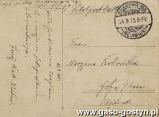 1577. Kartka pocztowa wyslana do Gostynia w czasie I wojny swiatowej  (23 wrzesnia 1915 r.)