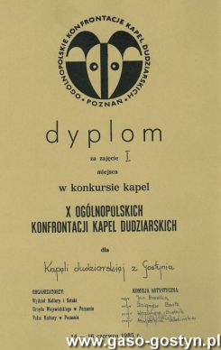 1578.Dyplom dla Kapeli Dudziarskiej z Gostynia za zajecie I miejsca w konkursie kapel X Ogolnopolskich Konfrontacji Kapel Dudziarskich (1985 r.)