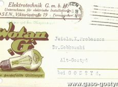 1598.Karta pocztowa wyslana przez Elektrotechnik G.mb.H. z Poznania do ksiedza Ludwika Sobkowskiego w Starym Gostyniu z oferta wykonania gromochromow w kosciele starogostynskim (1918 r.)