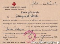 1722. Zaswiadczenie ukonczenia kursu masowego szkolenia sanitarnego organizowanego przez Polski Czerwony Krzyz w Gostyniu (1952 r.)