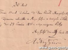 1757.Potwierdzenie odebrania 30 marek przez ksiedza Jakuba Krygiera z parafii siemowskiej za odprawienie nabozenstwa w kosciele w Starym Gostyniu (29 czerwca 1881 r.)