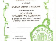 1758.Dyplom uczestnictwa w wykladach Studium Wiedzy o Regionie w Gostyniu (1978 r.)