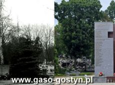 176.Cmenatrz w Gostyniu - pomnik poleglych powstancow wlkp. w latach 1918-1919 i obywateli rozstrzelanych 21 pazdziernika 1939 roku przez Niemcow na Rynku, zdjecie z lat 80. XX wieku i w lipcu 2025 roku