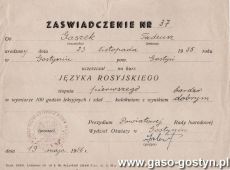 1768.Zaswiadczenie o ukonczeniu kursu jezyka rosyjskiego wystawione przez Prezydium Powiatowej Rady Narodowej Wydzial Oswiaty w Gostyniu (19 maja 1956 r.)