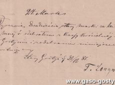 1775.Pokwitowanie podpisane w 1887 roku przez Teodora Langnera na kwote 25 marek za dostarczenie wina, Teodor Langner zalozyl w Gostyniu w 1864 roku restauracje w Gostyniu w domu pod numerem 1 przy  Rynku