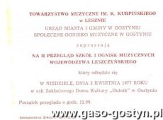 1802. Zaproszenie na II Przeglad Szkol i Ognisk Muzycznych Wojewodztwa Leszczynskiego - Gostyn, 03.04.1977r.