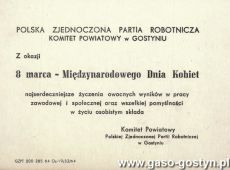 1829.Zyczenia z okazji Miedzynarodowego Dnia Kobiet od Komitetu Powiatowego PZPR w Gostyniu (8 marca 1964 r.)