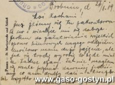 1832.Karta pocztowa wyslana 26 marca 1919 roku do Gostynia poczta polowa z pieczecia Dowodztwa Grupy Leszno, nadana przez telefoniste Zbigniewa Trzeciaka z oddzialu telefonistow w Drobninie