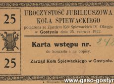 1838.Karta wstepu na Uroczystosc Jubileuszowa Kola Spiewackiego w Gostyniu (25 czerwca 1922 r.)