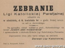 1839.Zaproszenie na zebranie Ligi Katolickiej Parafialnej w Gostyniu