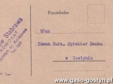 1850.Kartka pocztowa wyslana przez adwokata Zdzislawa Stabrawe do dyrektora Banku Pozyczkowego Romana Sury (Gostyn, 8 lutego 1929 r.)