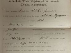 1894.Zezwolenie Wladz Wojskowych wystawione w Dowodztwie Okregu Korpusu VIII w Toruniu na zawarcie zwiazku malzenskiego plutonowego Franciszka Natera urodzonego w 1901 roku w Domachowie z Zofia Wichlaczowna