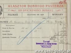 1908.Rachunek wystawiony przez Zarzad Zgromadzenia Siostr Dobrego Pasterza od Opatrznosci Boskiej w Poznaniu dla Kasy Koscielnej w Startym Gostyniu za hostie, komunikanty i oplatki (1919 r.)