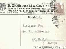 1911.Karta pocztowa wyslana z Fabryki Wyrobow z Miedzi i Mosiadzu B.Ziolkowskiego w Poznaniu do ksiedzxa Ludwika Sobkowskiego w Starym Gostyniu (12 maja 1917 r.)