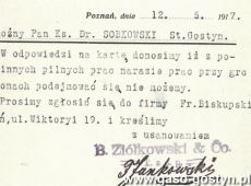 1912.Karta pocztowa wyslana z Fabryki Wyrobow z Miedzi i Mosiadzu B.Ziolkowskiego w Poznaniu do ksiedzxa Ludwika Sobkowskiego w Starym Gostyniu (12 maja 1917 r.)