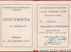 1920.Legitymacja Brazowego Krzyza Zaslugi nadanemu Wladyslawowi Goryni z Gostynia (26 sierpnia 1969 r.)