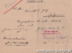 1947.Rachunek dla Jozefa Woziwodzkiego za porabanie drzewa wystawiony i podpisany przez Wiktora Respondka, mecenasa gostynskiego, powstanca wlkp., oficera 6. Pulku Strzelcow Wielkopolskich (Gostyn, 6 czerwca 1919 r.)