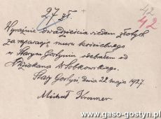 1963.Potwierdzenie odebrania wynagrodzenia za reperacje muru koscielnego w Starym Gostyniu (22 maja 1927 r.)