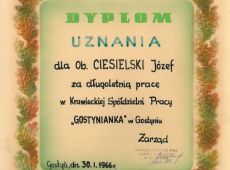 198. Dyplom uznania za dlugoletnia prace w Krawieckiej Spoldzielni Pracy GOSTYNIANKA w Gostyniu (1966r.)