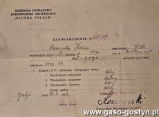 1989.Zaswiadczenie wystawione przez Komende Powiatowa Powszechnej Organizacji Sluzba Polsce w Gostyniu (24 lipca 1949 r.)