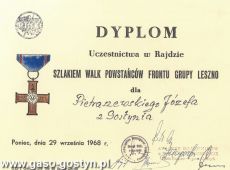 1996.Dyplom uczestnictwa Jozefa Pietraszewskiego w Rajdzie Szlakiem Walk Powstancow Grupy Leszno (Poniec 29 wrzesnia 1968 r.)