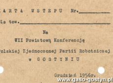 2013.Karta wstepu na VII Powiatowa Konferencje Polskiej Zjednoczonej Partii Robotniczej w Gostyniu (grudzien 1956 r.)