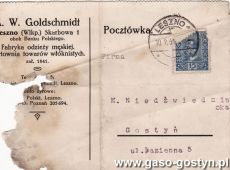 2016.Karta pocztowa wyslana z fabryki odziezy meskiej A.W. Goldschmidt z Leszna do Marii Niedzwiedzinskiej w Gostyniu (10 lutego 1931 r.)
