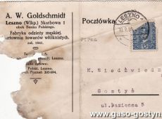 2016.Karta pocztowa wyslana z fabryki odziezy meskiej A.W. Goldschmidt z Leszna do Marii Niedzwiedzinskiej w Gostyniu (10 lutego 1931 r.)