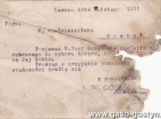 2017.Karta pocztowa wyslana z fabryki odziezy meskiej A.W. Goldschmidt z Leszna do Marii Niedzwiedzinskiej w Gostyniu (10 lutego 1931 r.)