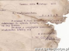 2017.Karta pocztowa wyslana z fabryki odziezy meskiej A.W. Goldschmidt z Leszna do Marii Niedzwiedzinskiej w Gostyniu (10 lutego 1931 r.)