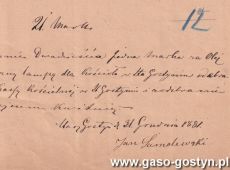 2027.Potwierdzenie odbioru przez Jana Samolewskiego 21 marek za olej do wiecznej lampki dla kosciola w Starym Gostyniu (31 grudnia 1881 r.)