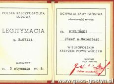 2033.Legitymacja Wielkopolskiego Krzyza Powstanczego powstanca Jozefa Wielinskiego z Gostynia (5 stycznia 1958 r.)