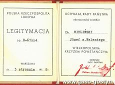 2033.Legitymacja Wielkopolskiego Krzyza Powstanczego powstanca Jozefa Wielinskiego z Gostynia (5 stycznia 1958 r.)