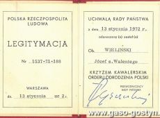 2035.Legitymacja Krzyza Kawalerskiego Orderu Odrodzenia Polski powstanca wielkopolskiego Jozefa Wielinskiego z Gostynia (13 stycznia 1972 r.)
