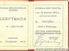 2035.Legitymacja Krzyza Kawalerskiego Orderu Odrodzenia Polski powstanca wielkopolskiego Jozefa Wielinskiego z Gostynia (13 stycznia 1972 r.)