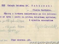 2039.Karta pocztowa wyslana do ksiedza proboszcza Sobkowskiego w Starym Gostyniu przez budowniczego Franciszka Polaszka z Gostynia (19 czerwca 1923 r.)