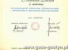 2070.Dyplom uznania z okazji 85-lecia Wielkopolskiego Zwiazku Chorow i Orkiestr dla Stefana Lorka z Gostynia