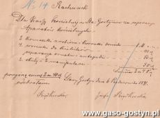 2090.Rachunek wystawiony przez Jozefe Rzadkowska za reparacje aparatow koscielnych (komeszki, woreczki do kielichow, stuly i manipularze) - Stary Gostyn, 6 pazdziernika 1891 r.