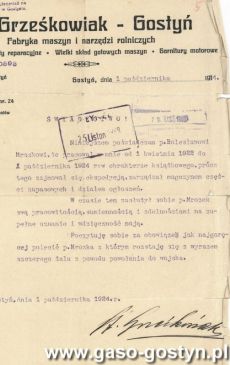 2097.Zaswiadczenie o zatrudnieniu Boleslawa Mrozka w Fabryce Maszyn i Narzedzi Rolniczych Stanislawa Grzeskowiaka w Gostyniu (Gostyn, 1 pazdziernika 1924 r.)