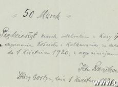 2104.Potwierdzenie odbioru 50 marek przez organiste Jana Rzadkowskiego za czyszczenie kosciola i kalkowanie (Stary Gostyn, 1 kwietnia 1920 r.)