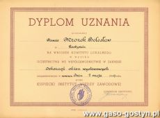 2117.Dyplom uznania dla Boleslawa Mrozka z Gostynia za udzial we wspolzawodnictwie w zakresie dekoracji okien wystawowych (1 maja 1949 r.)