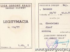 214.Legitymacja ZASLUZONY DZIALACZ LIGI OBRONY KRAJU-1977r.